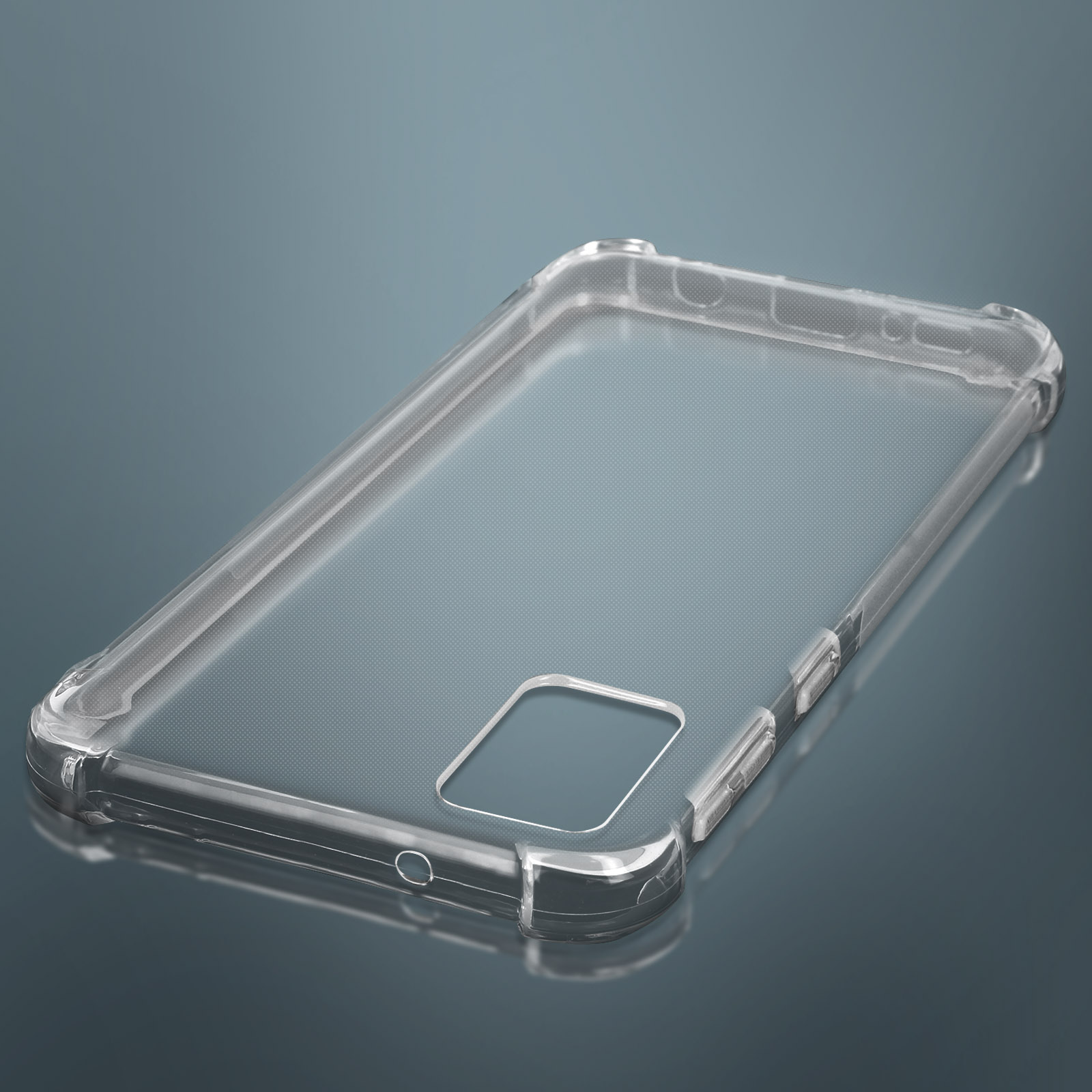 Una custodia trasparente per telefono su sfondo blu, che mostra la sua forma e il design.