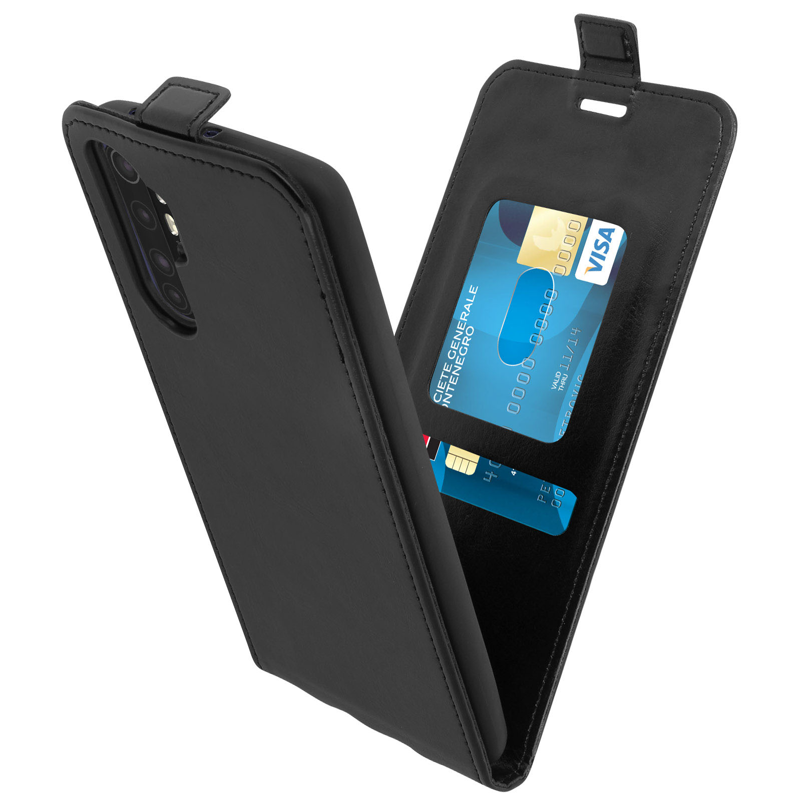 Custodia nera per telefono aperta, con carte di credito. Il telefono è a sinistra.