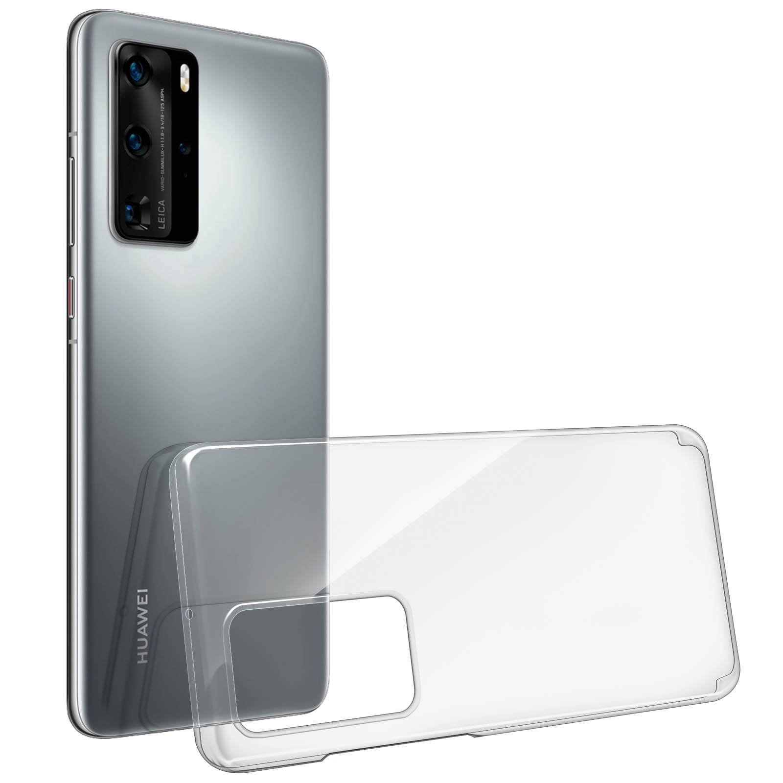 Un telefono argentato con una custodia trasparente accanto, su sfondo bianco.