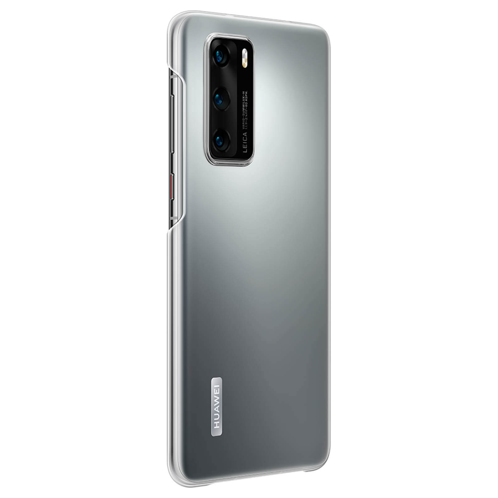 Una custodia argentata per telefono. Il retro del telefono è visibile. Logo Huawei.