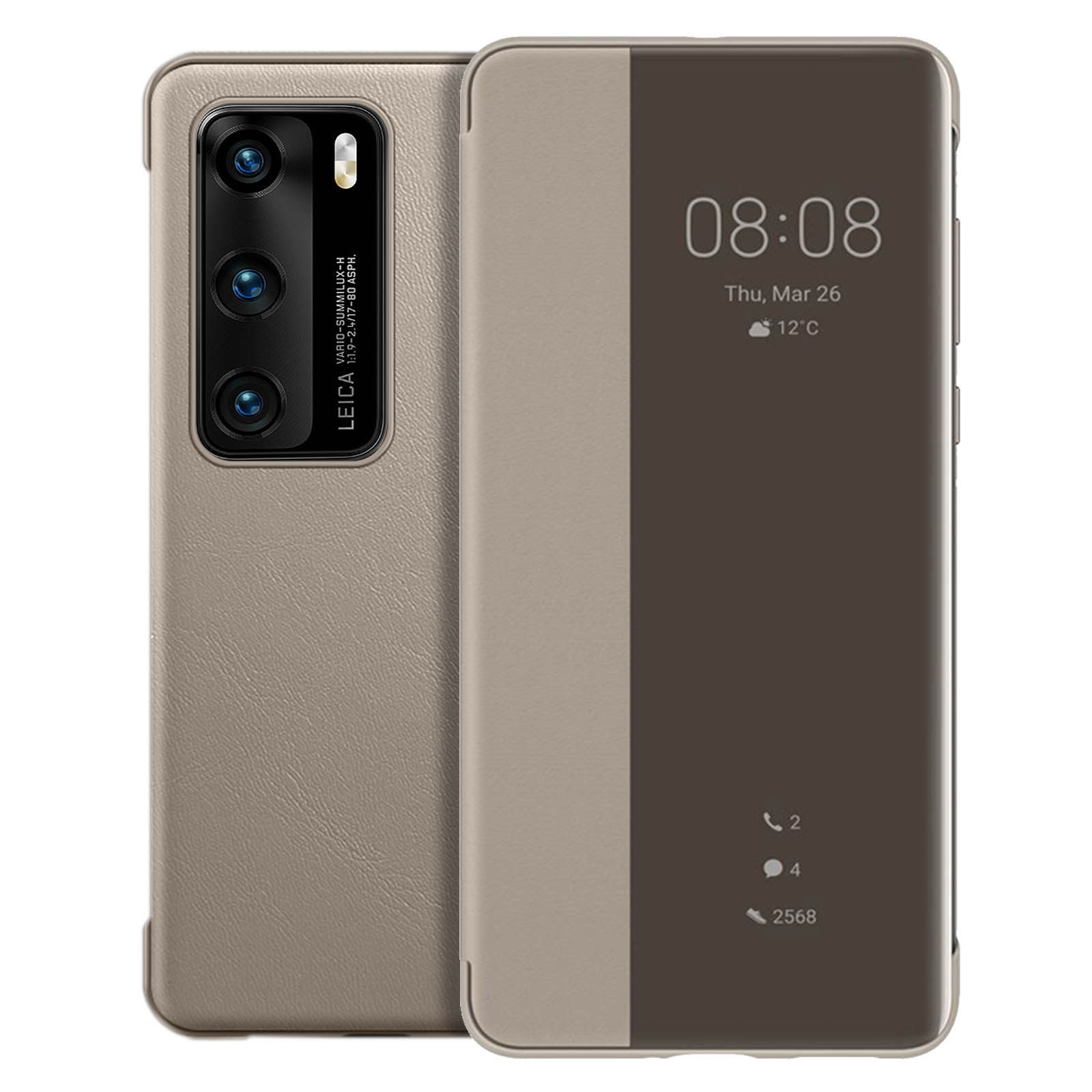 Custodia beige con orario e fotocamera visibile.