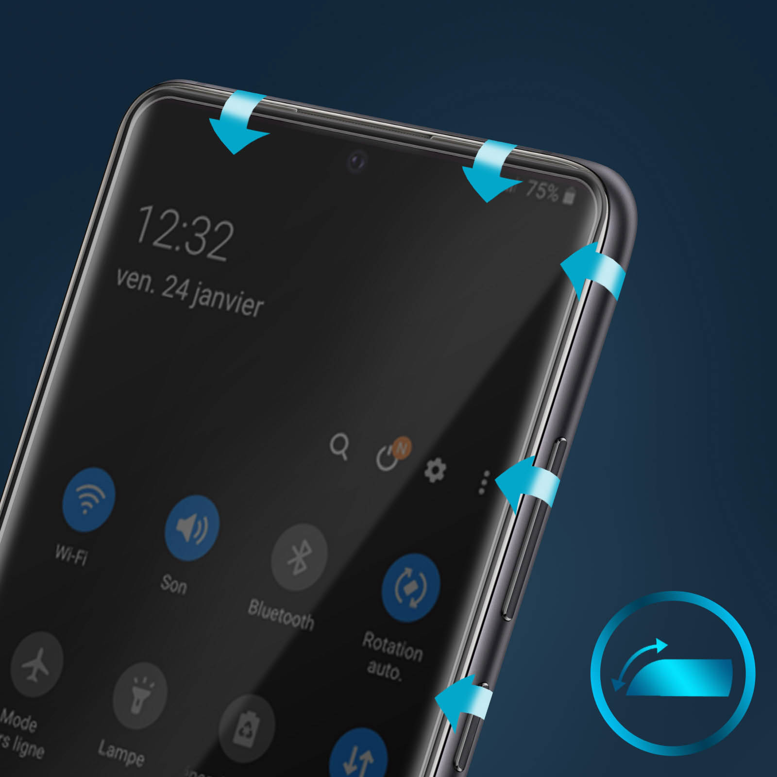 Uno schermo di smartphone mostra l'ora, la data e le icone per Wi-Fi, Bluetooth e altre impostazioni. Frecce blu indicano i bordi.