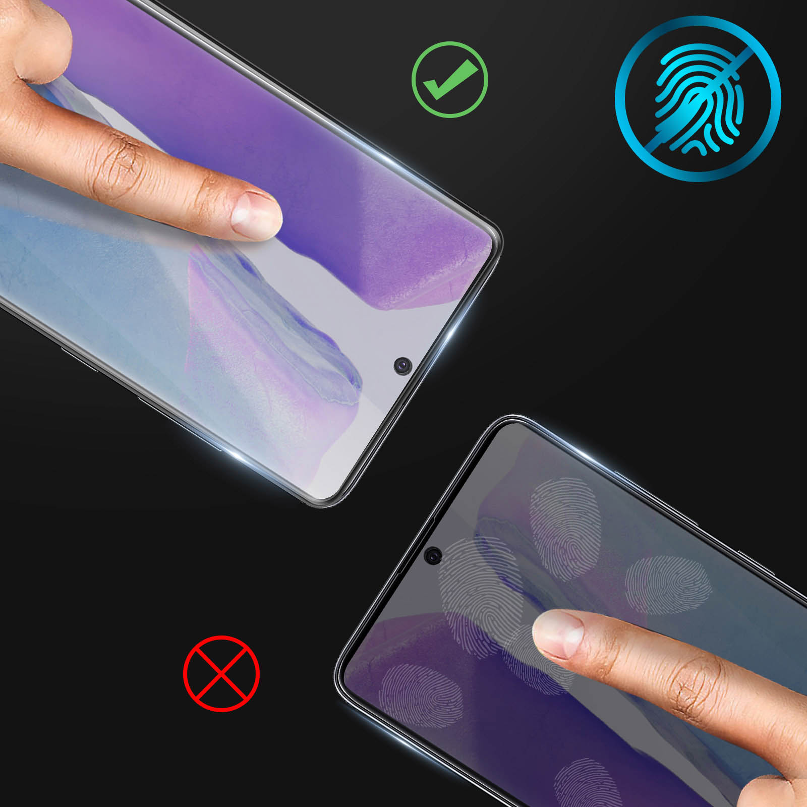 Due telefoni con dita che toccano gli schermi. Uno pulito, uno con impronte digitali. Icone: spunta, impronta digitale e divieto.
