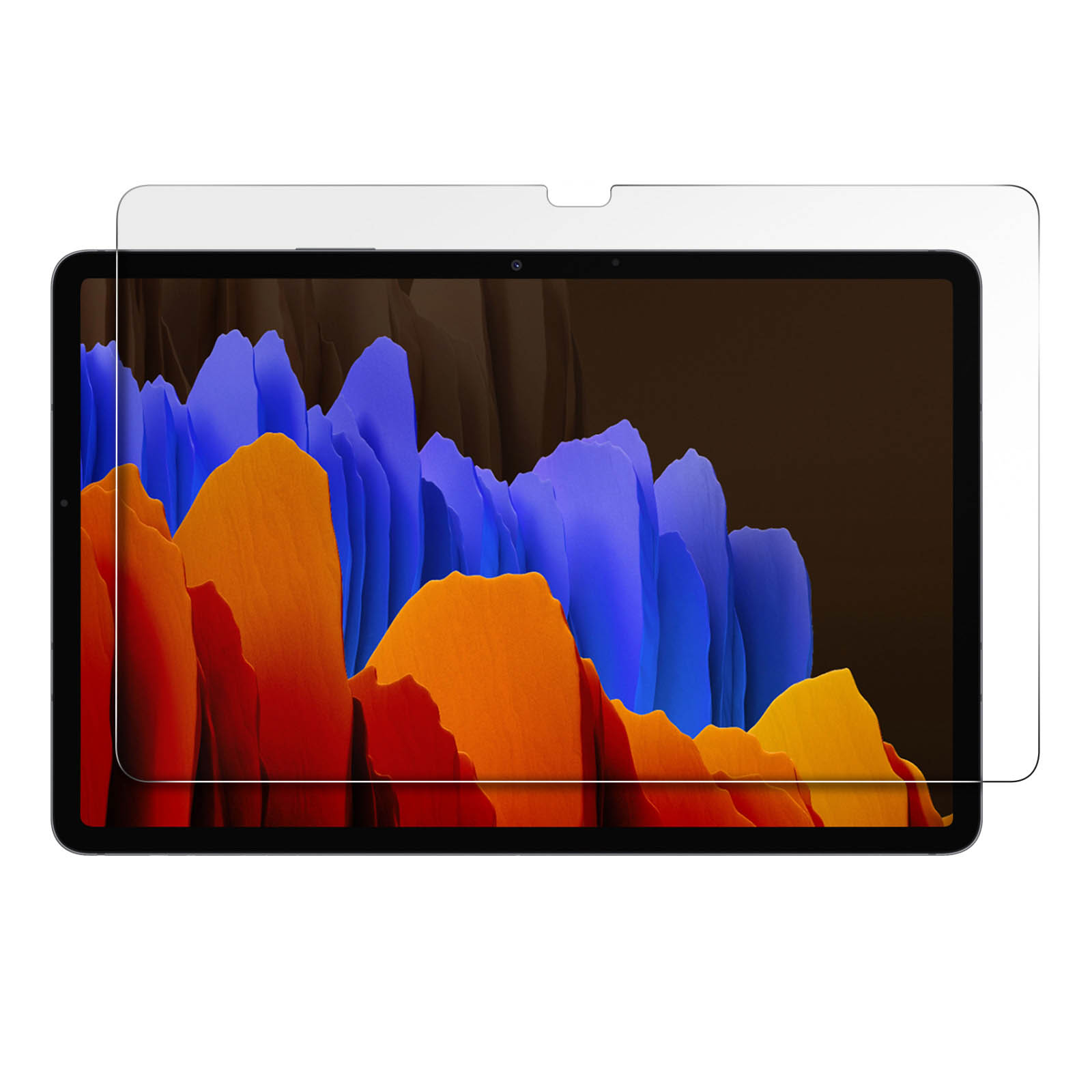 Uno schermo di tablet con un proteggi schermo applicato, che mostra uno sfondo astratto colorato.