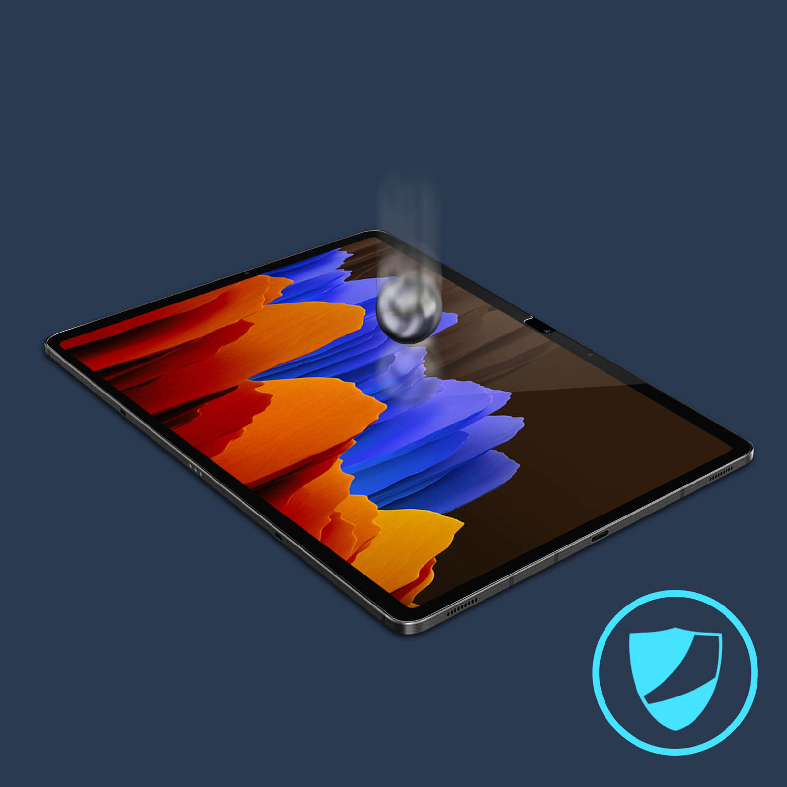 Tablet con protezione schermo, con sfondo blu. Una palla sta per colpire lo schermo.