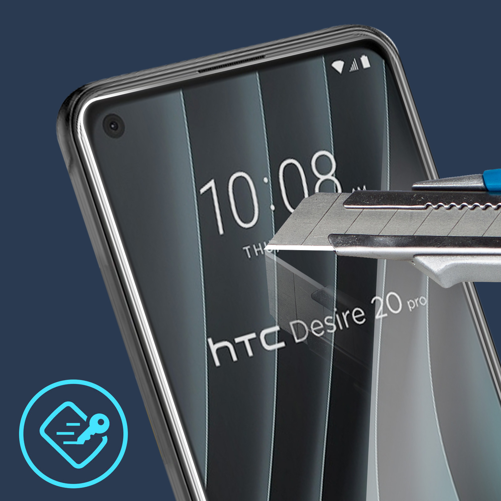 Schermo del telefono tagliato con un coltello. L'ora è 10:08 e il telefono è un HTC Desire 20 pro.