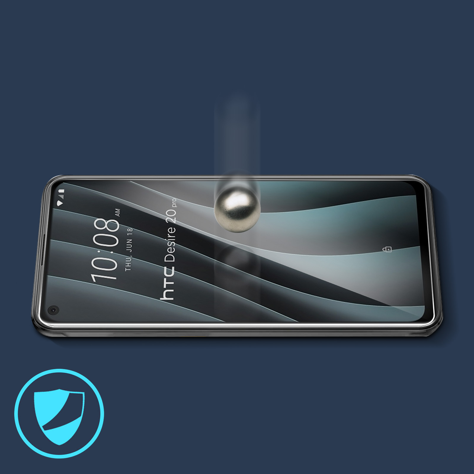Schermo del telefono con una palla che cade, mostrando una funzione protettiva. Sfondo blu.