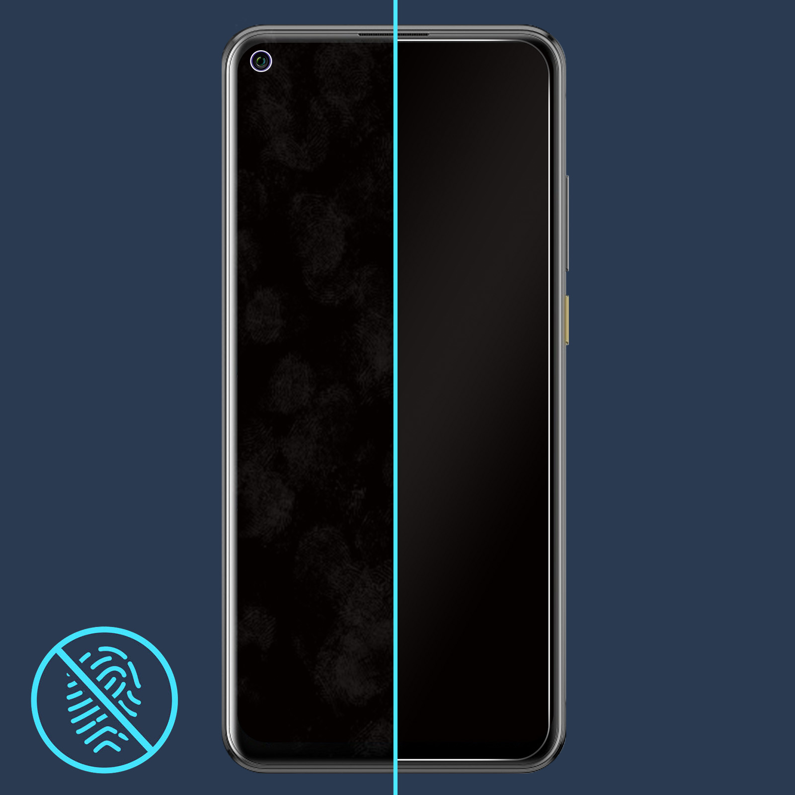 Uno schermo di smartphone con un simbolo di impronta digitale e una metà oscurata. Lo schermo ha uno sfondo blu.