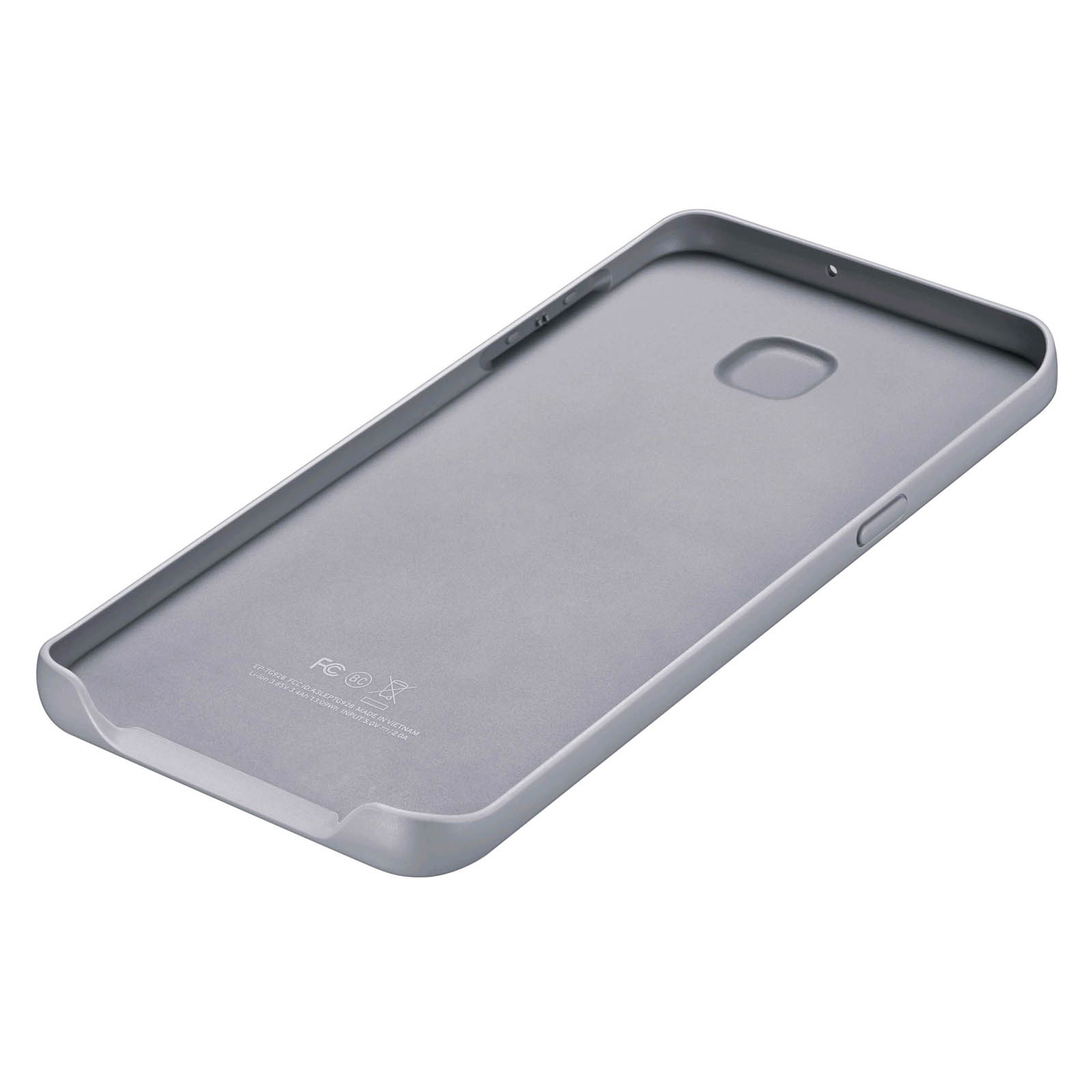 Custodia grigia per telefono, vista interna. La custodia è vuota e ha un ritaglio per la fotocamera.