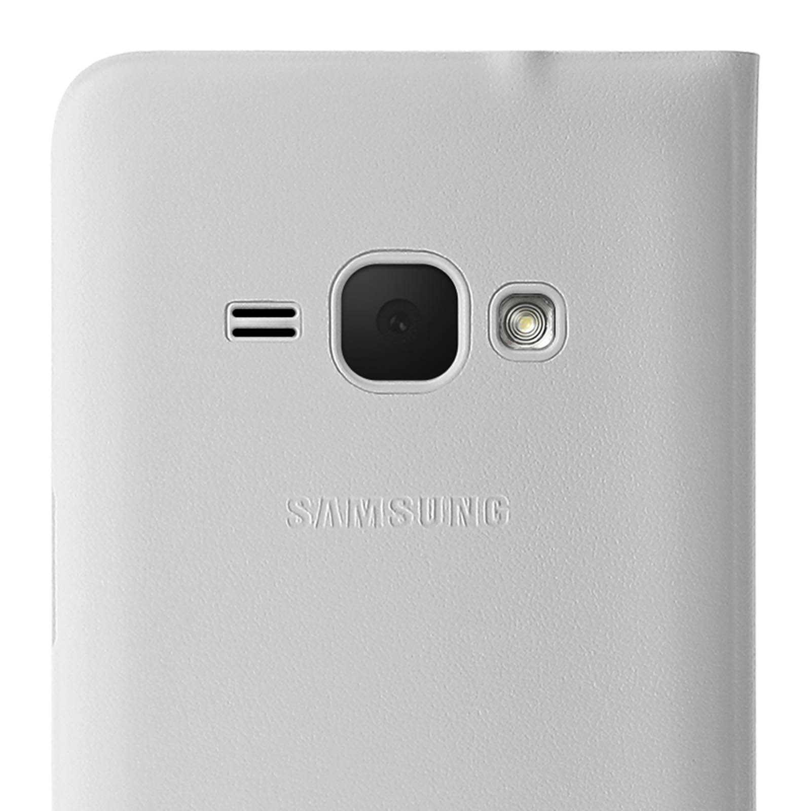 Retro di un telefono Samsung bianco con fotocamera e flash, e il logo Samsung.