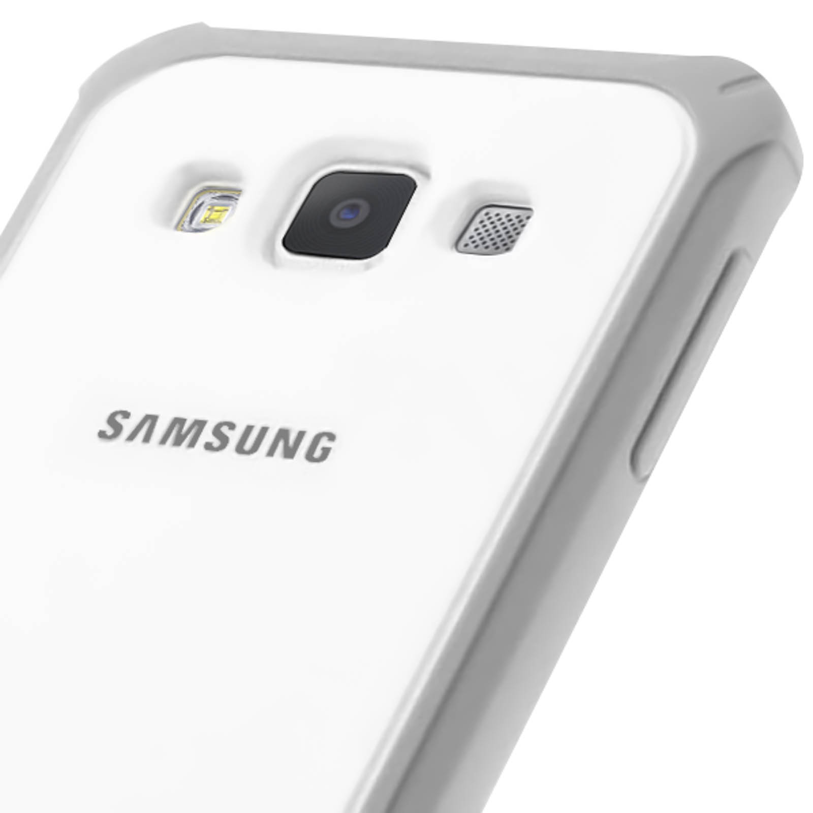 Primo piano di una custodia per telefono bianca e grigia. Il logo Samsung è visibile.