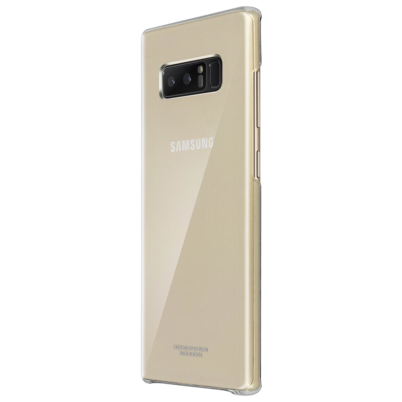 Goldenes Telefon in einer durchsichtigen Hülle. Das Telefon ist goldfarben mit dem SAMSUNG-Logo.