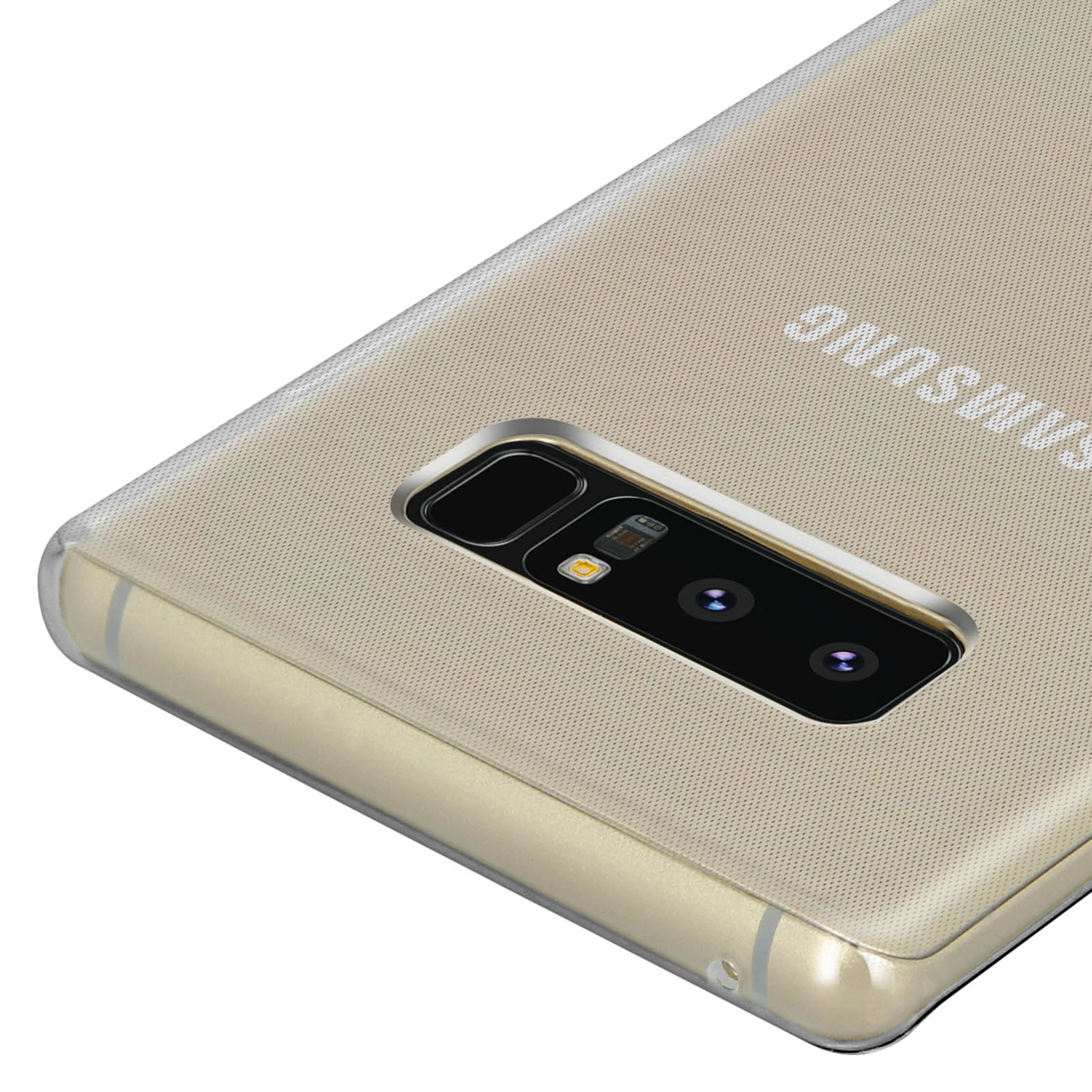 Nahaufnahme eines goldfarbenen Telefons mit drei Kameras und dem Wort SAMSUNG.