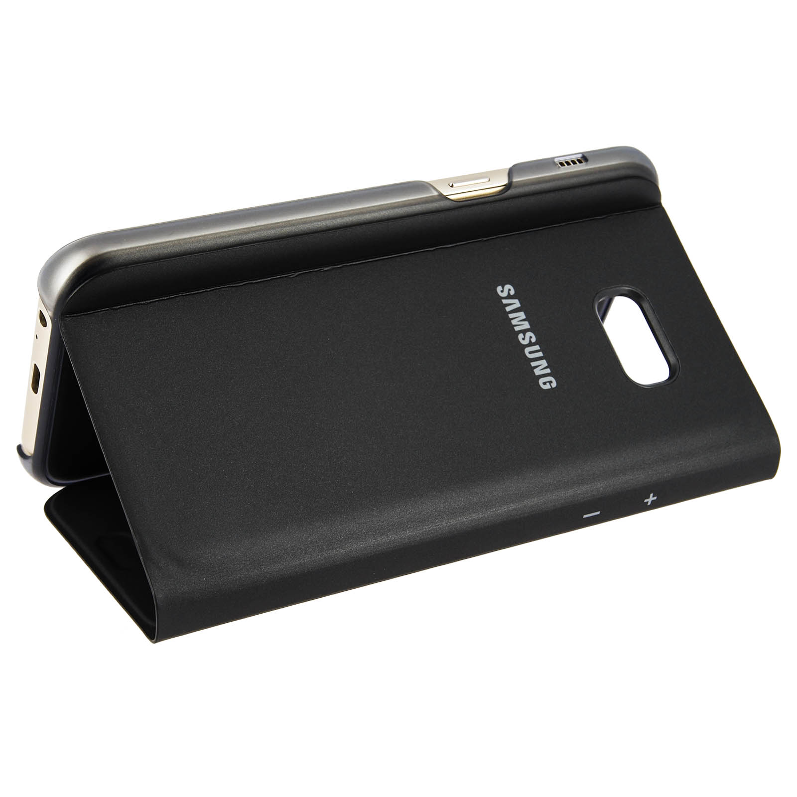 Funda negra para teléfono Samsung, abierta, apoyada. Logotipo de Samsung visible.