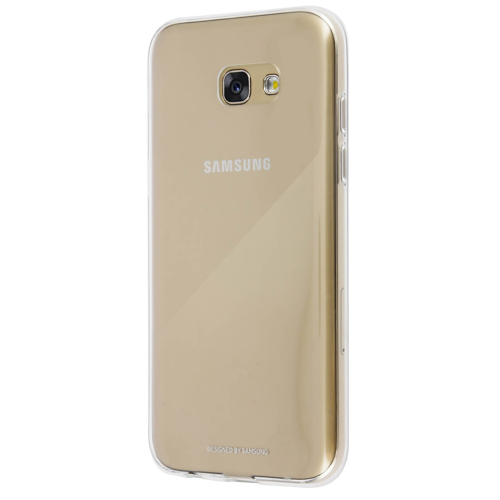 Parte trasera de un teléfono dorado en una funda transparente, con el logotipo de Samsung y Designed by Samsung.