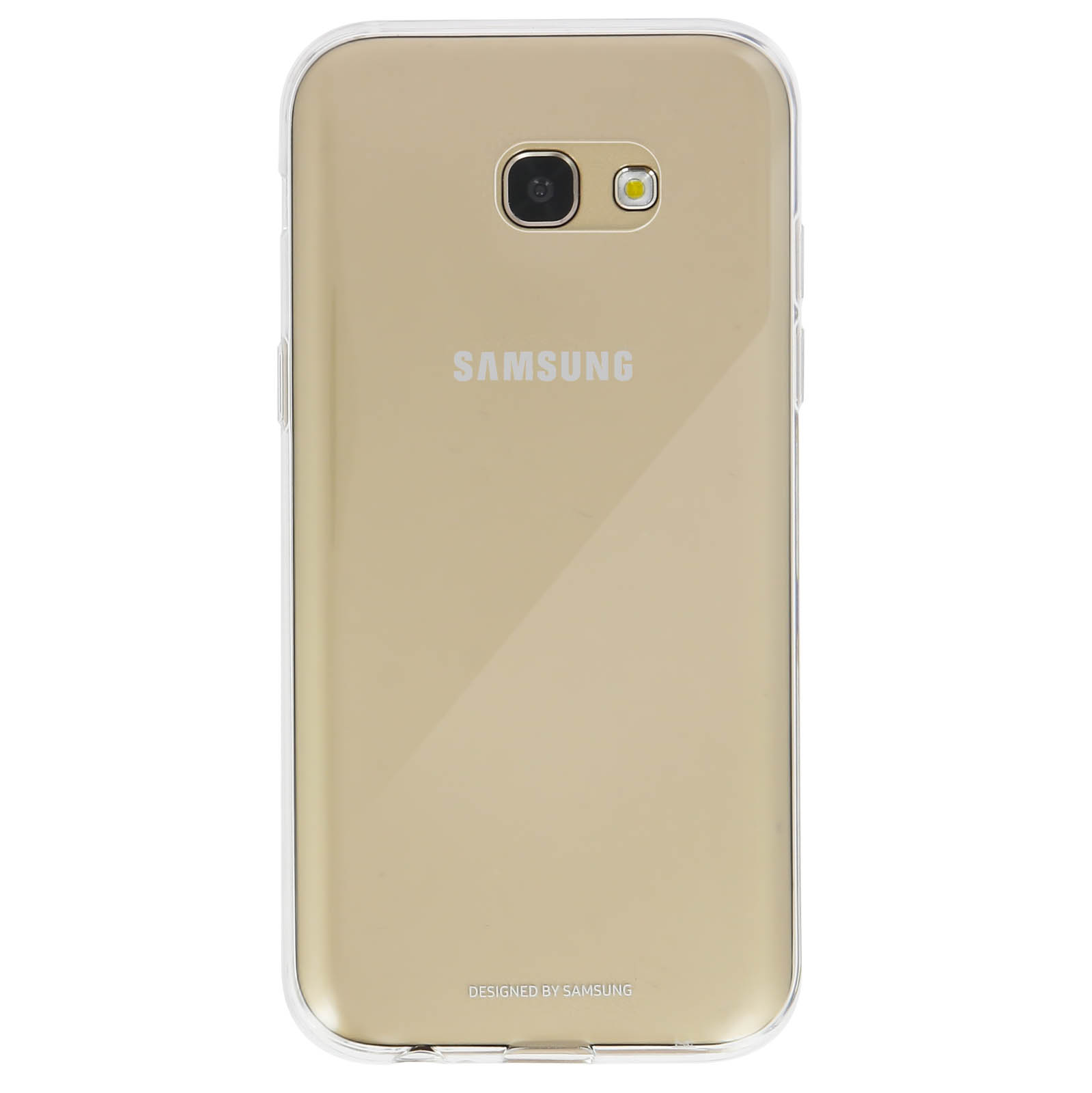 Parte trasera de un teléfono dorado en una funda transparente. Cámara y logo Samsung.