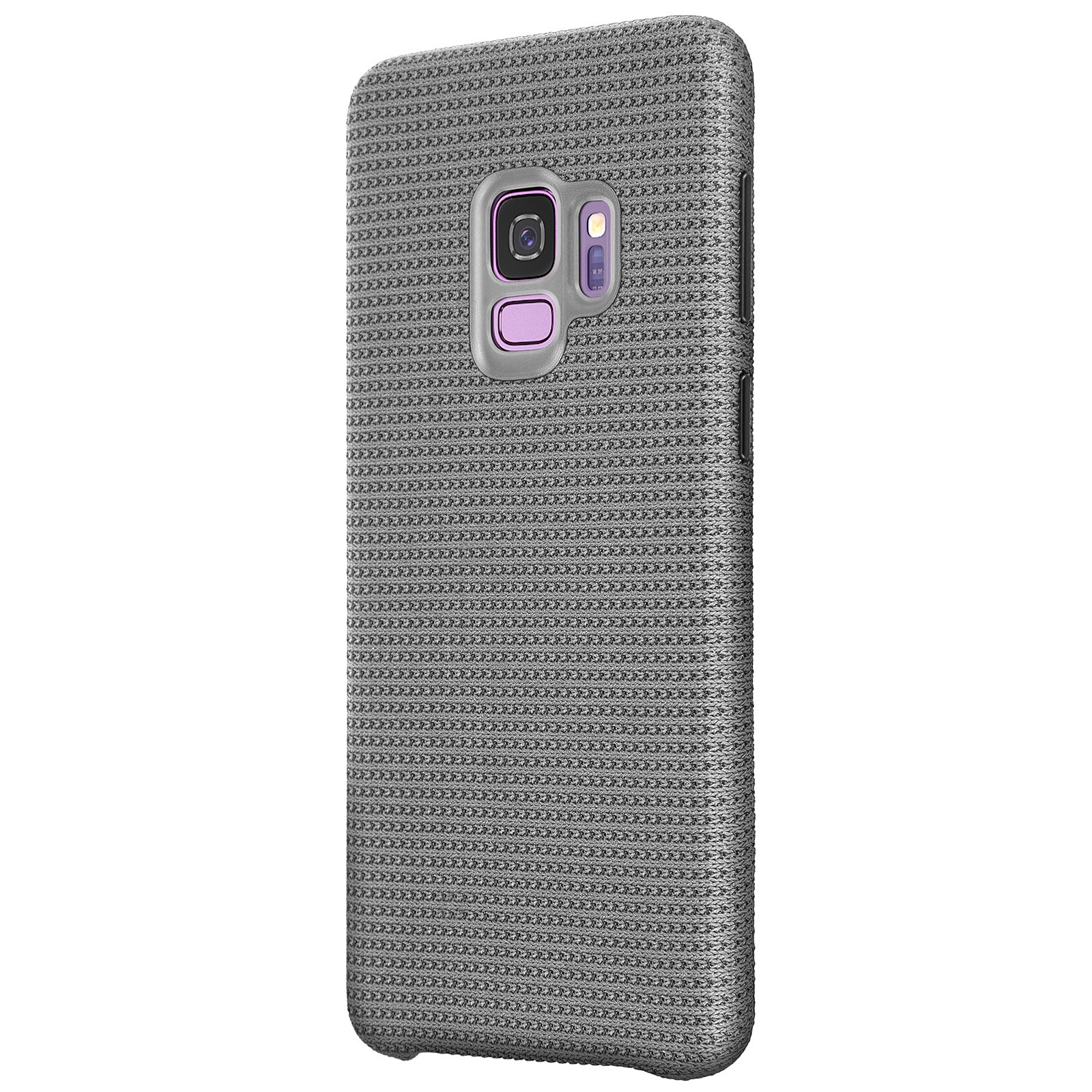 Custodia grigia per telefono con motivo strutturato. Il telefono ha la fotocamera. Sfondo bianco.