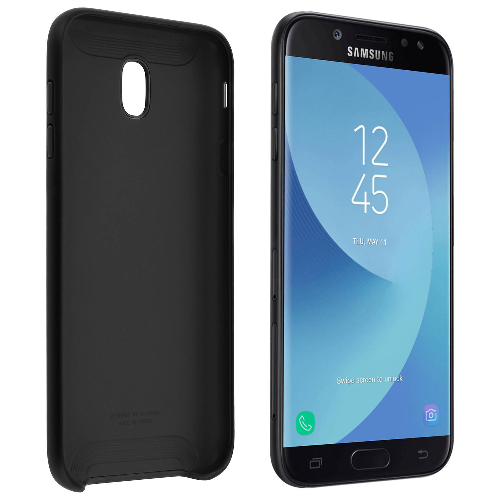 Un étui de téléphone noir et un smartphone noir sont côte à côte. Le téléphone affiche l'heure.