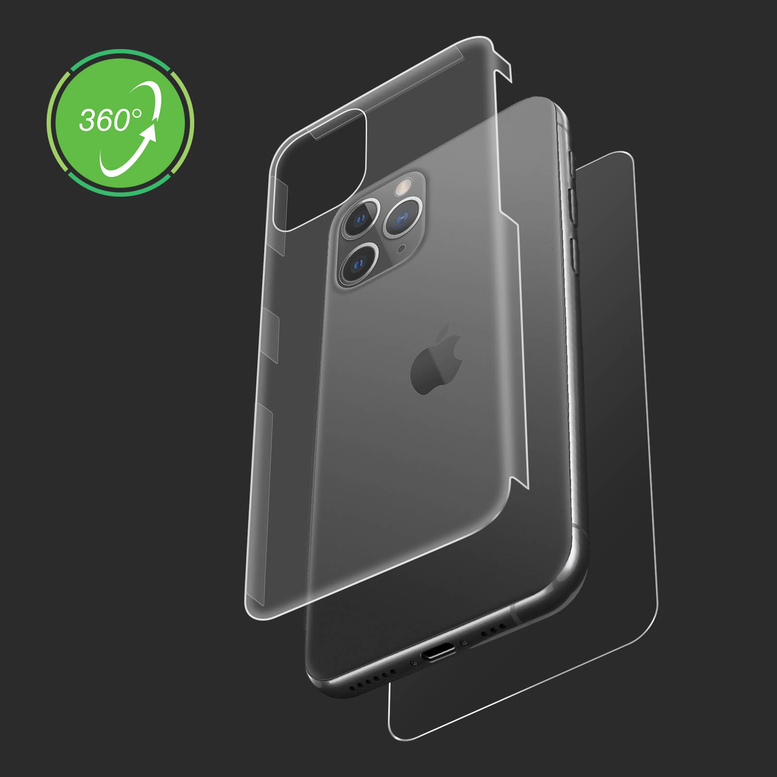 iPhone in custodia protettiva, cover trasparente e protezione schermo. Icona verde 360° in alto a sinistra, sfondo nero.
