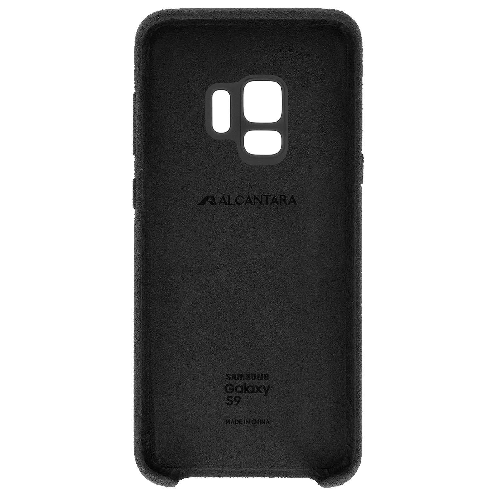 Interior de funda negra con etiqueta alcantara y texto Samsung Galaxy S9.