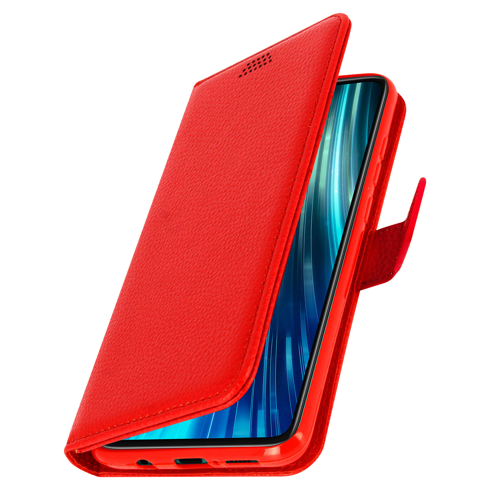 Een rode telefoonhoes wordt getoond met de telefoon erin. De hoes is open en het scherm is zichtbaar.