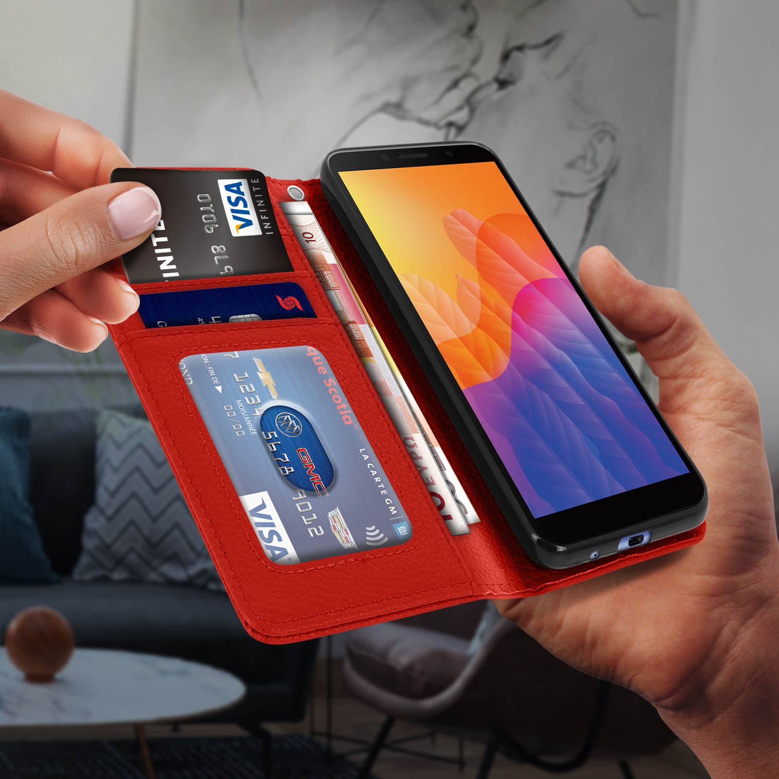 Custodia per telefono rossa a portafoglio con carte e denaro.