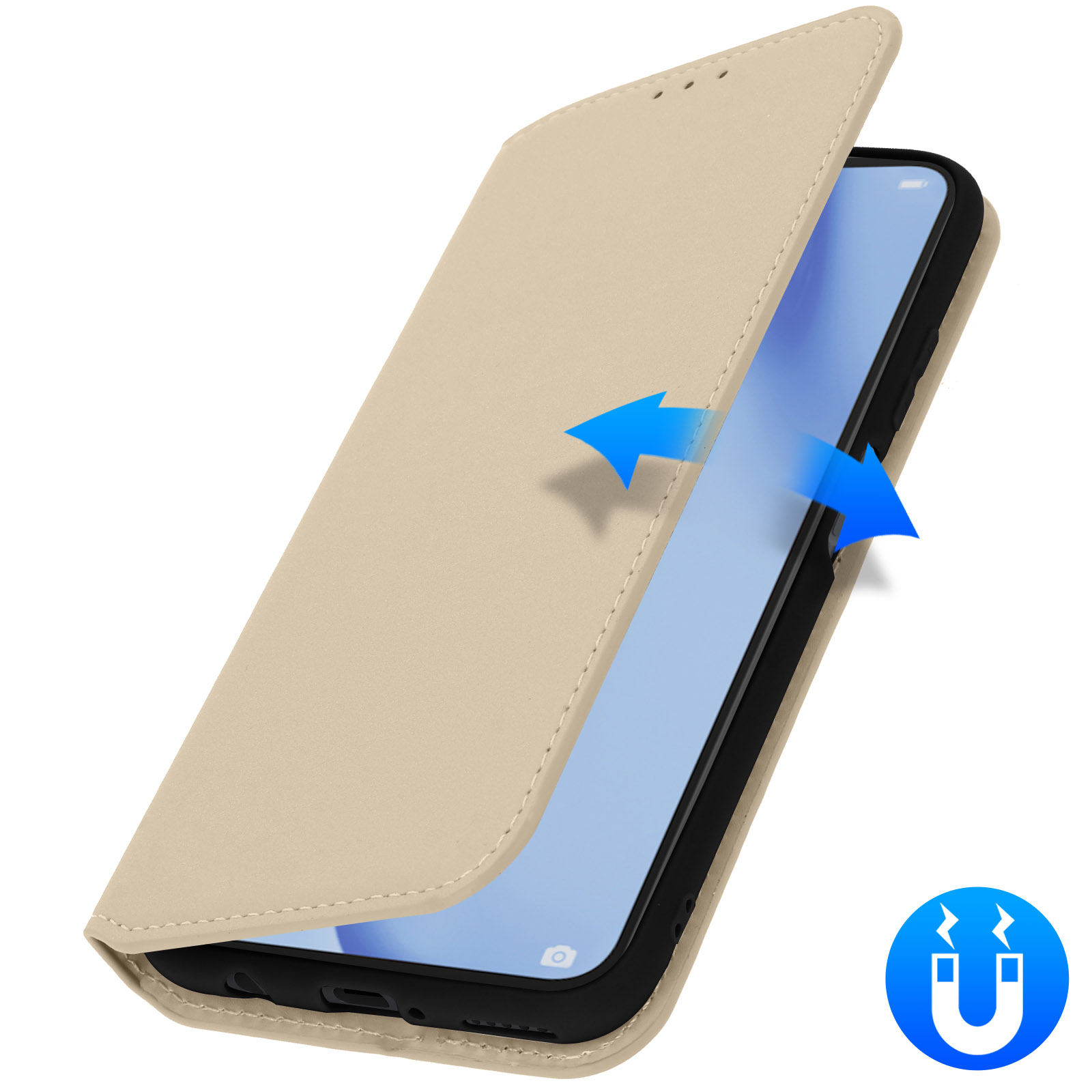 Beige telefoonhoes met open klep, blauwe pijlen en een zwarte telefoon erin.