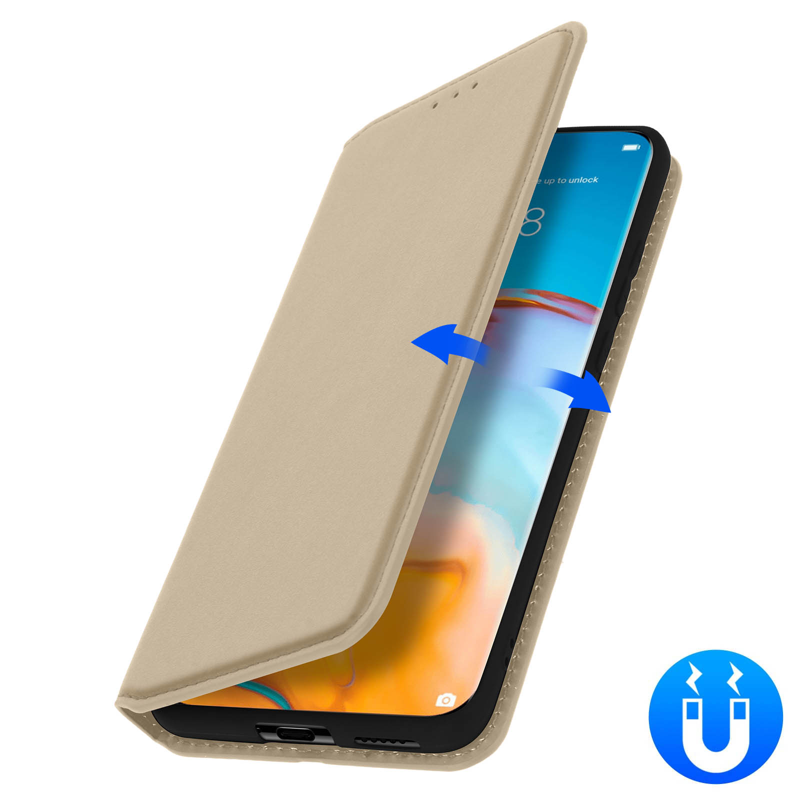 Étui de téléphone beige, ouvert pour révéler l'écran. Flèches bleues indiquant l'ouverture. Icône magnétique bleue.