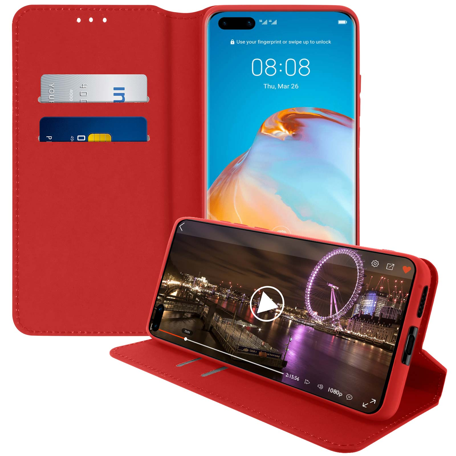 Una custodia rossa per telefono con un telefono all'interno. Il telefono mostra un video.