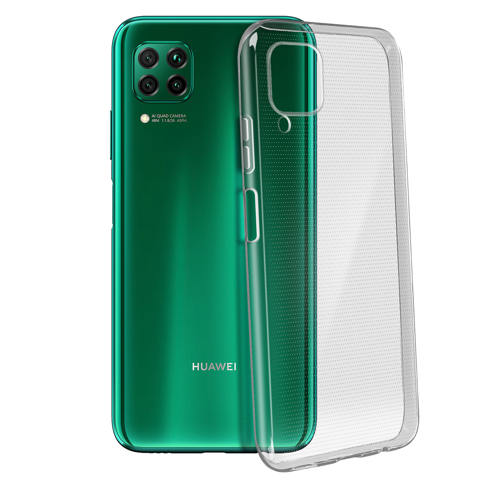 Telefono verde con custodia trasparente. Custodia a pois. Telefono con fotocamera e logo Huawei.
