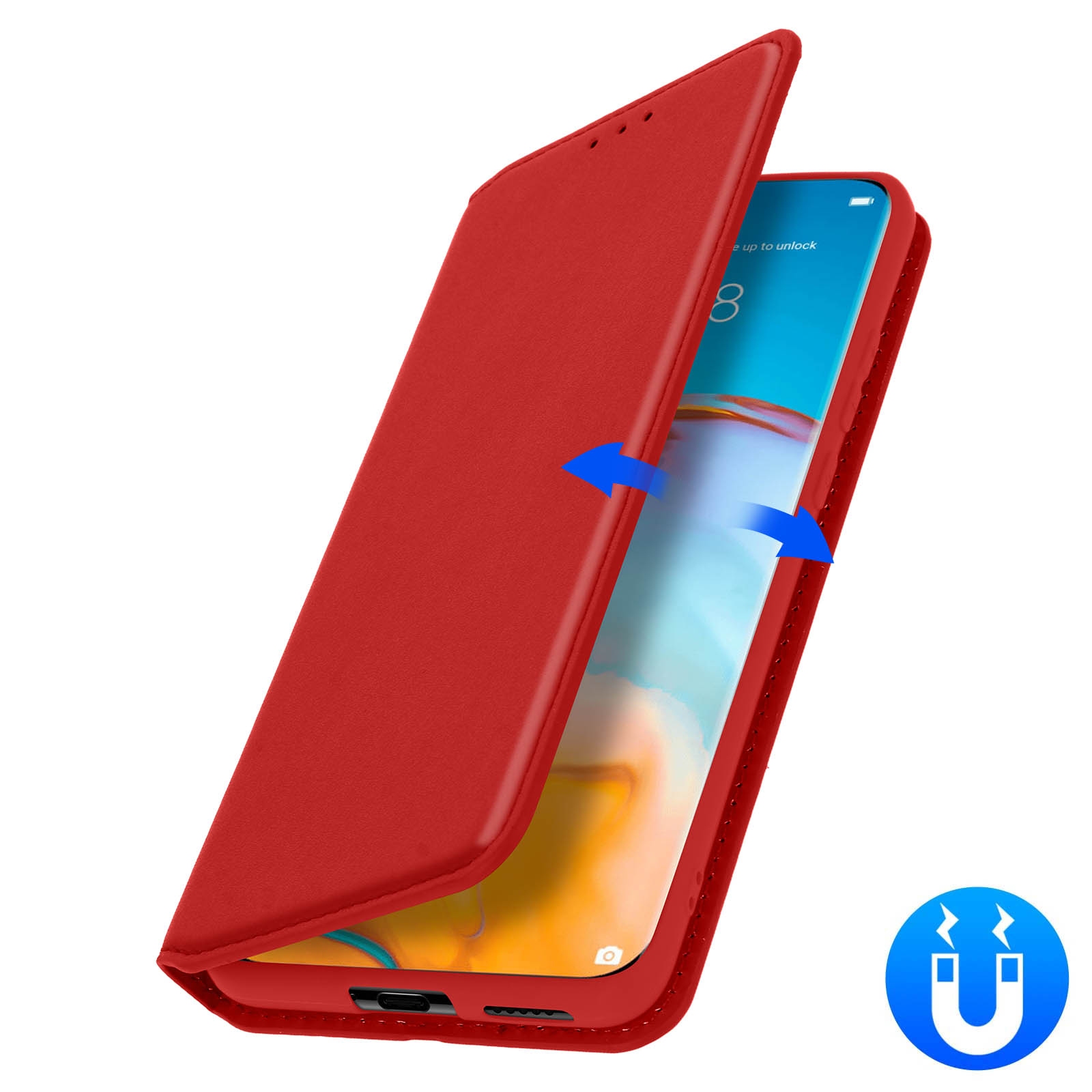 Una custodia rossa per telefono è aperta per mostrare un telefono all'interno. Sono presenti frecce e un simbolo di magnete.