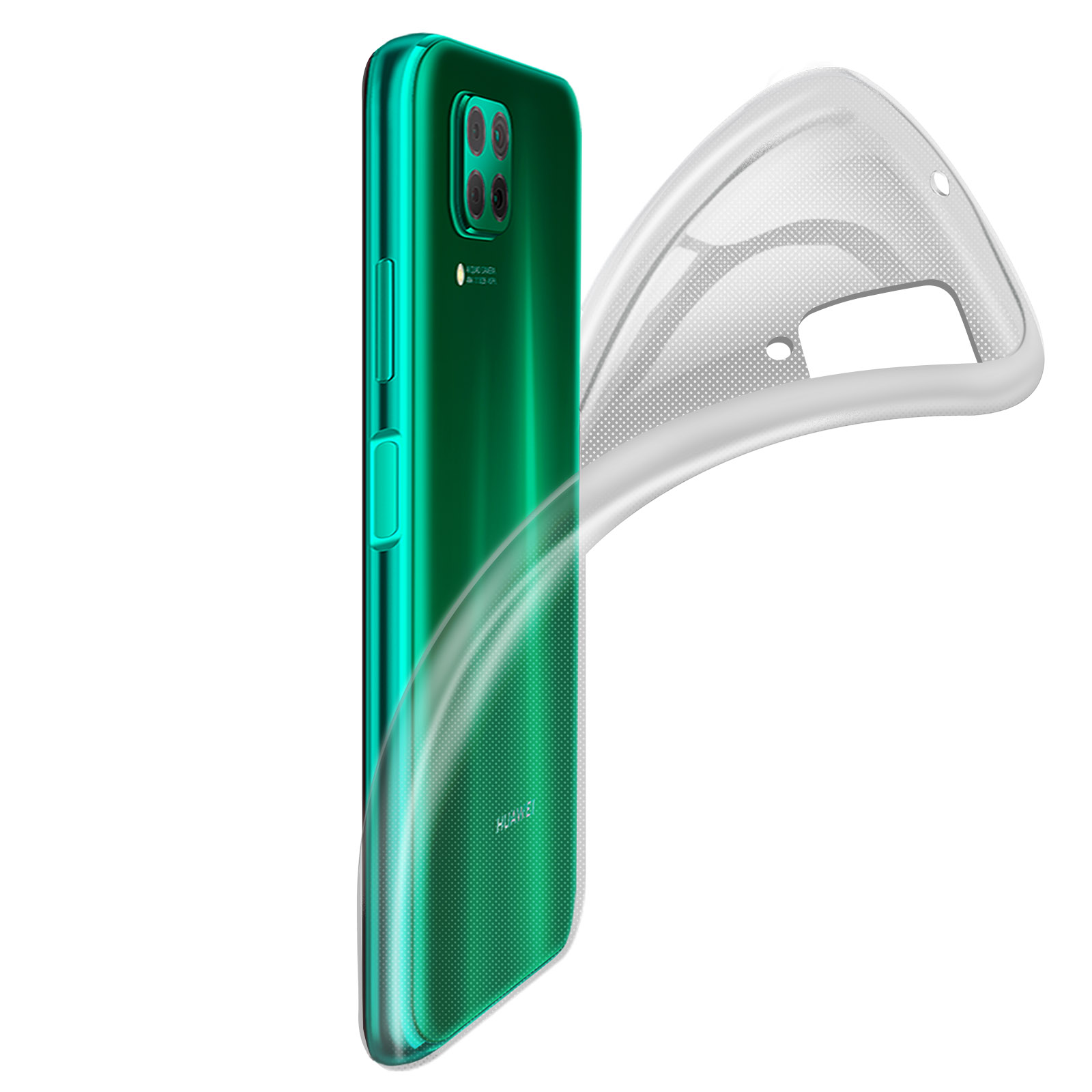 Telefono verde e custodia trasparente su sfondo bianco. La custodia è trasparente.