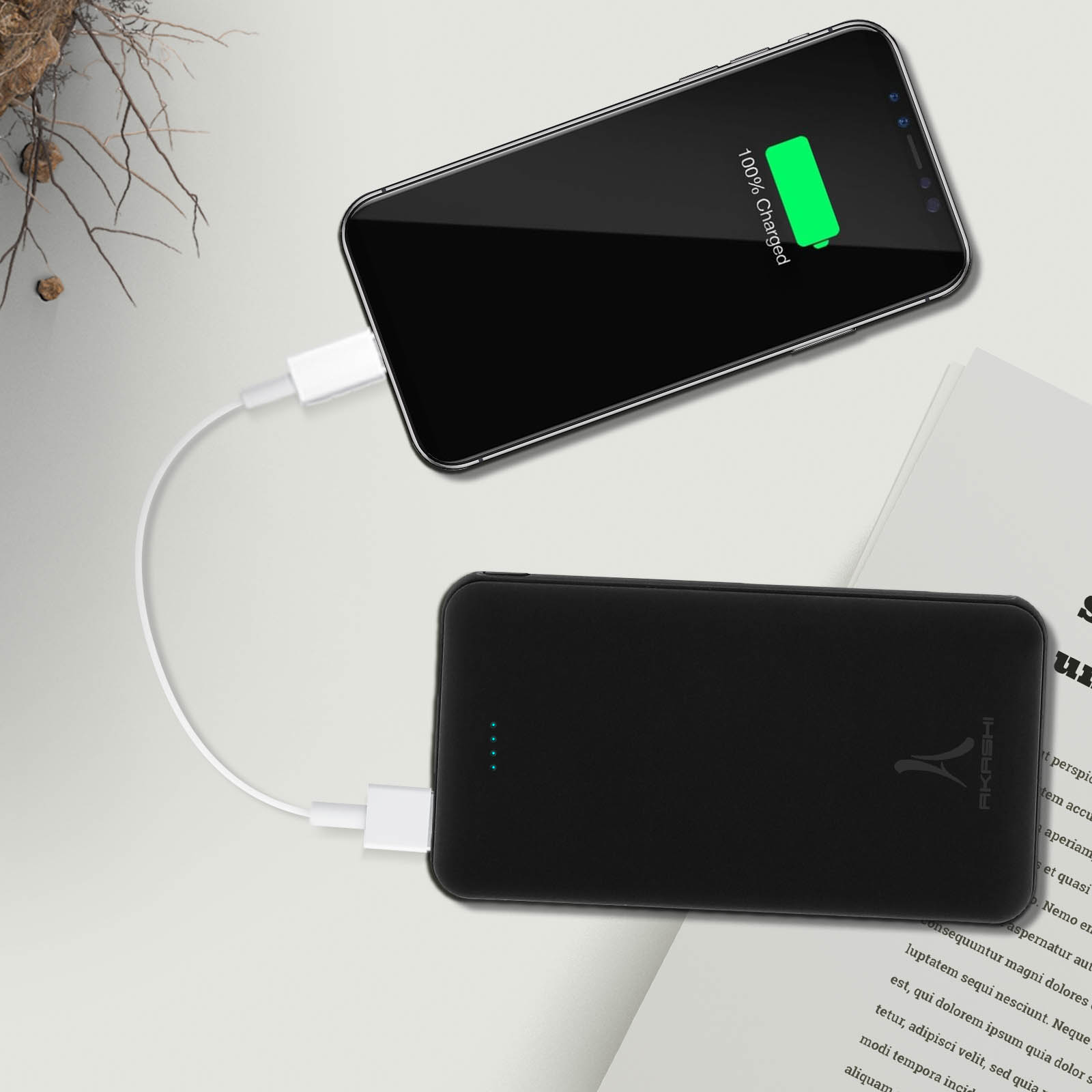 Telefon wird von Powerbank geladen. Telefon zeigt 100% geladen an. Schwarze Powerbank und weißes Kabel.
