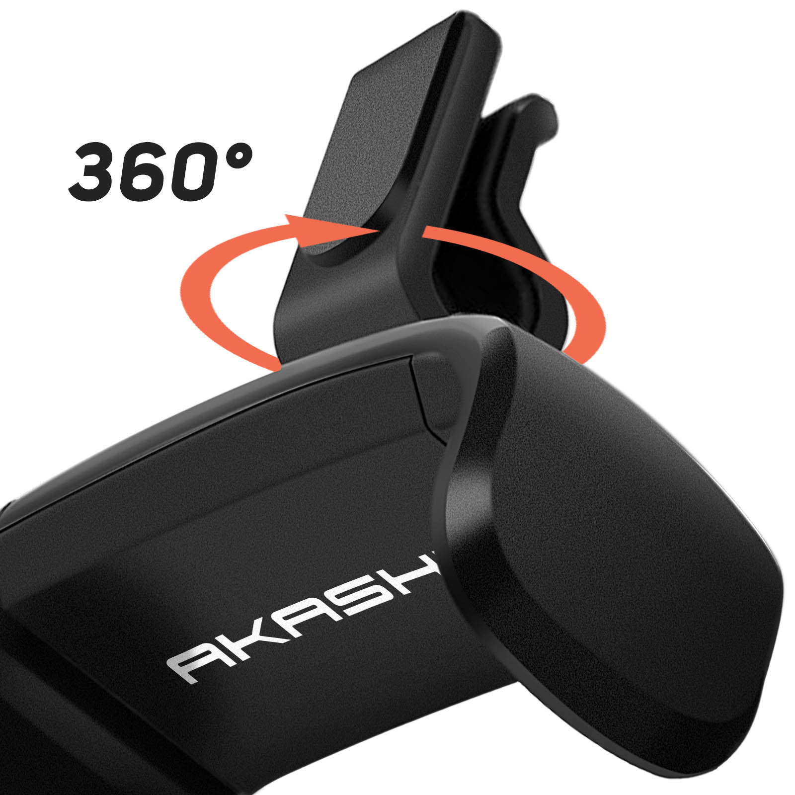 Schwarzer Autotelefonhalter mit 360-Grad-Drehpfeil.
