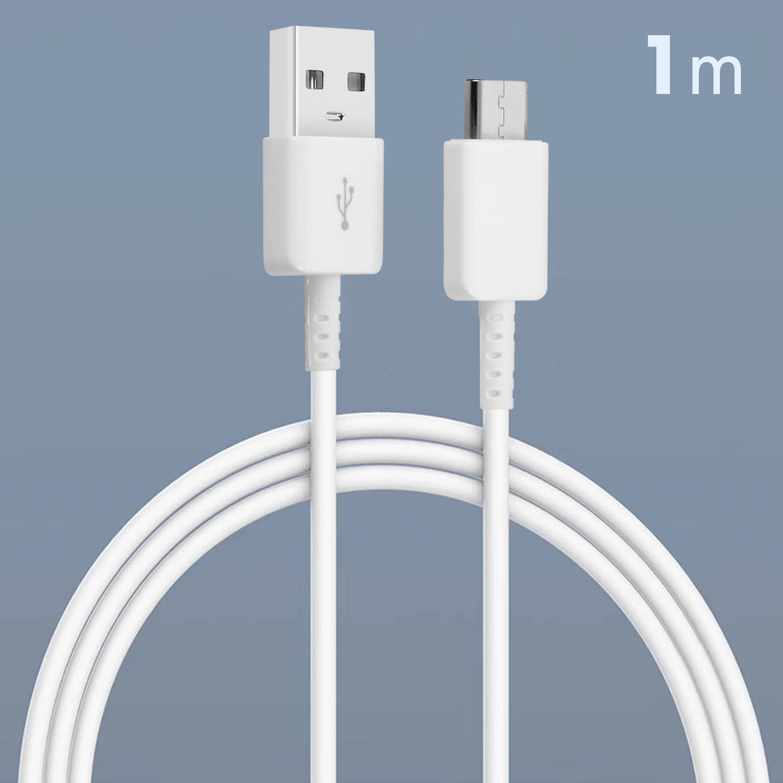Cable USB a Tipo-C blanco, con fondo azul y el número 1m.