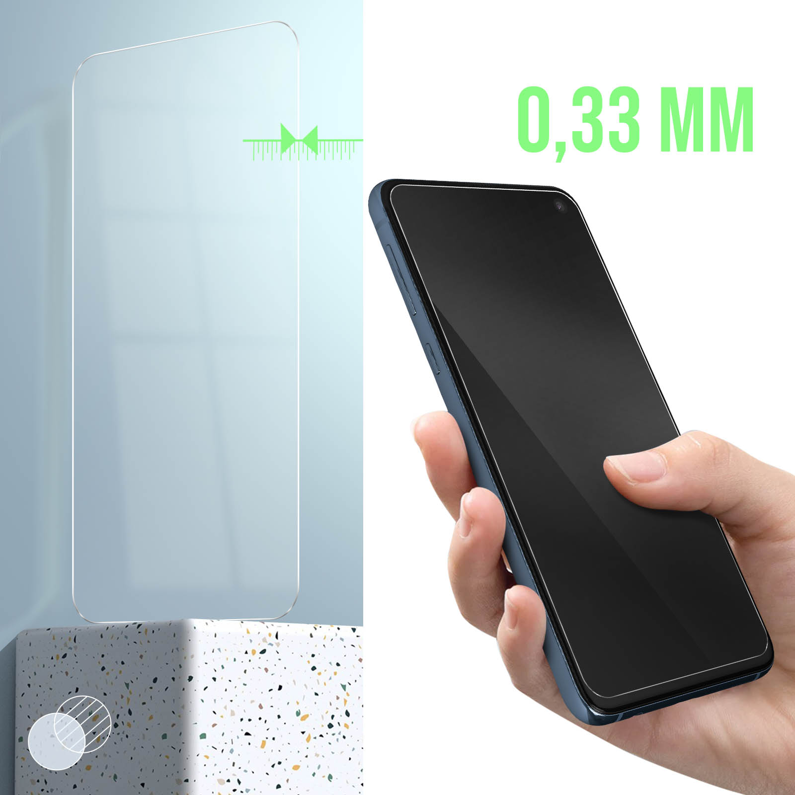 Un telefono con protezione schermo in vetro. Il telefono è tenuto in mano. La protezione è 0,33 mm.
