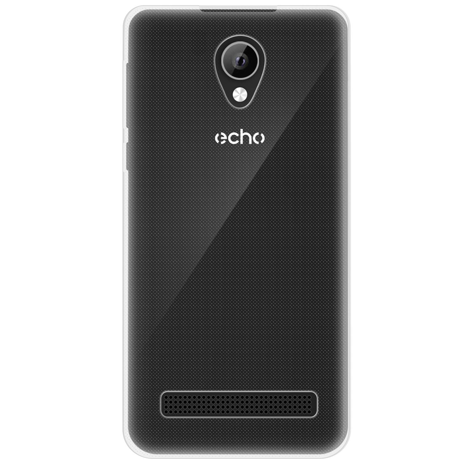 Il retro di un telefono nero con il logo 'echo' e un obiettivo della fotocamera, all'interno di una custodia trasparente.