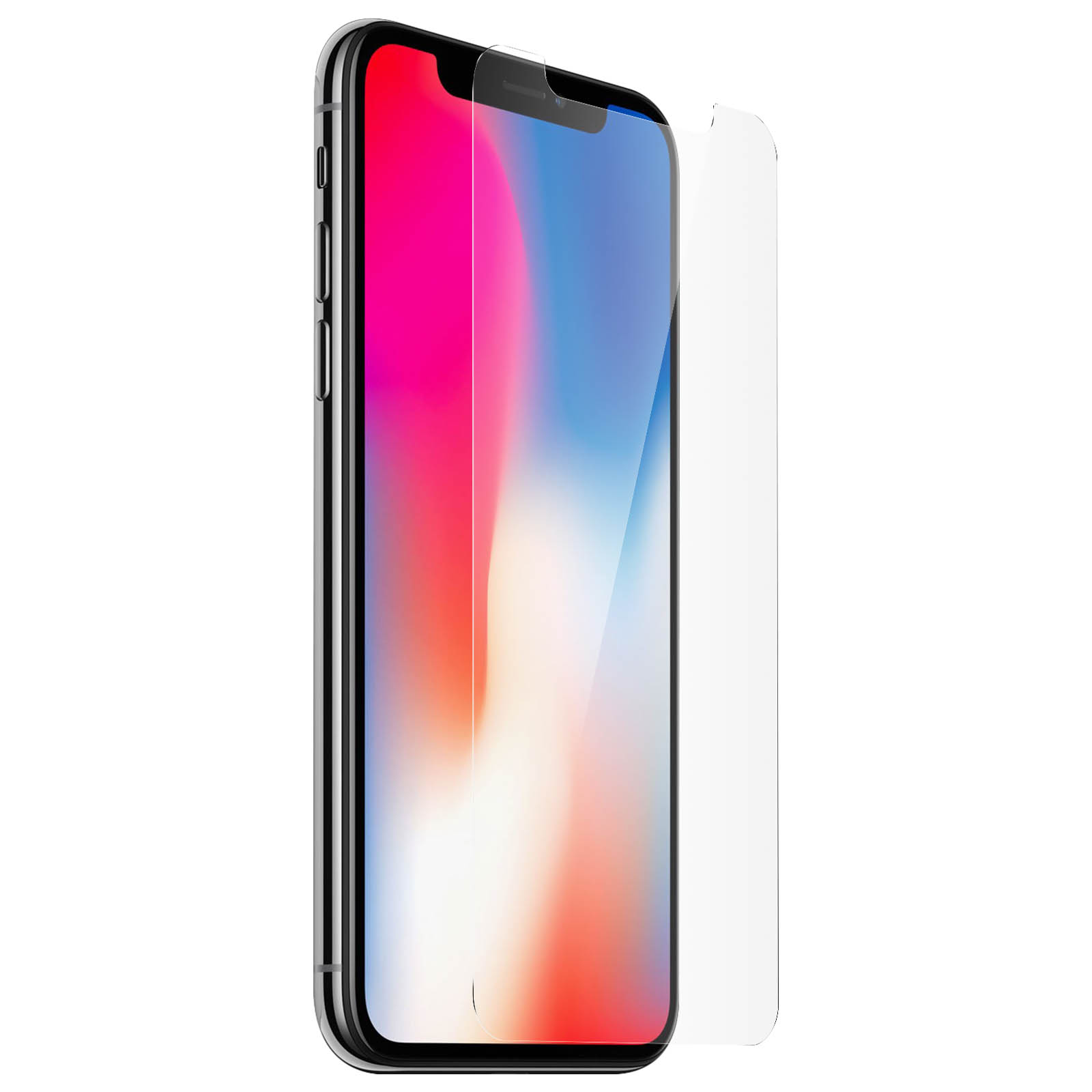 Un telefono con un proteggi schermo applicato. Lo schermo mostra un'immagine colorata.