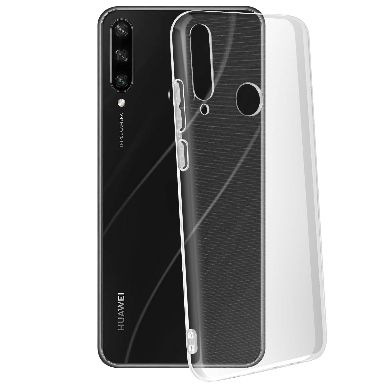 Schwarzes Telefon in klarer Hülle, Dreifachkamera. Weiße Oberfläche. Huawei auf dem Telefon.