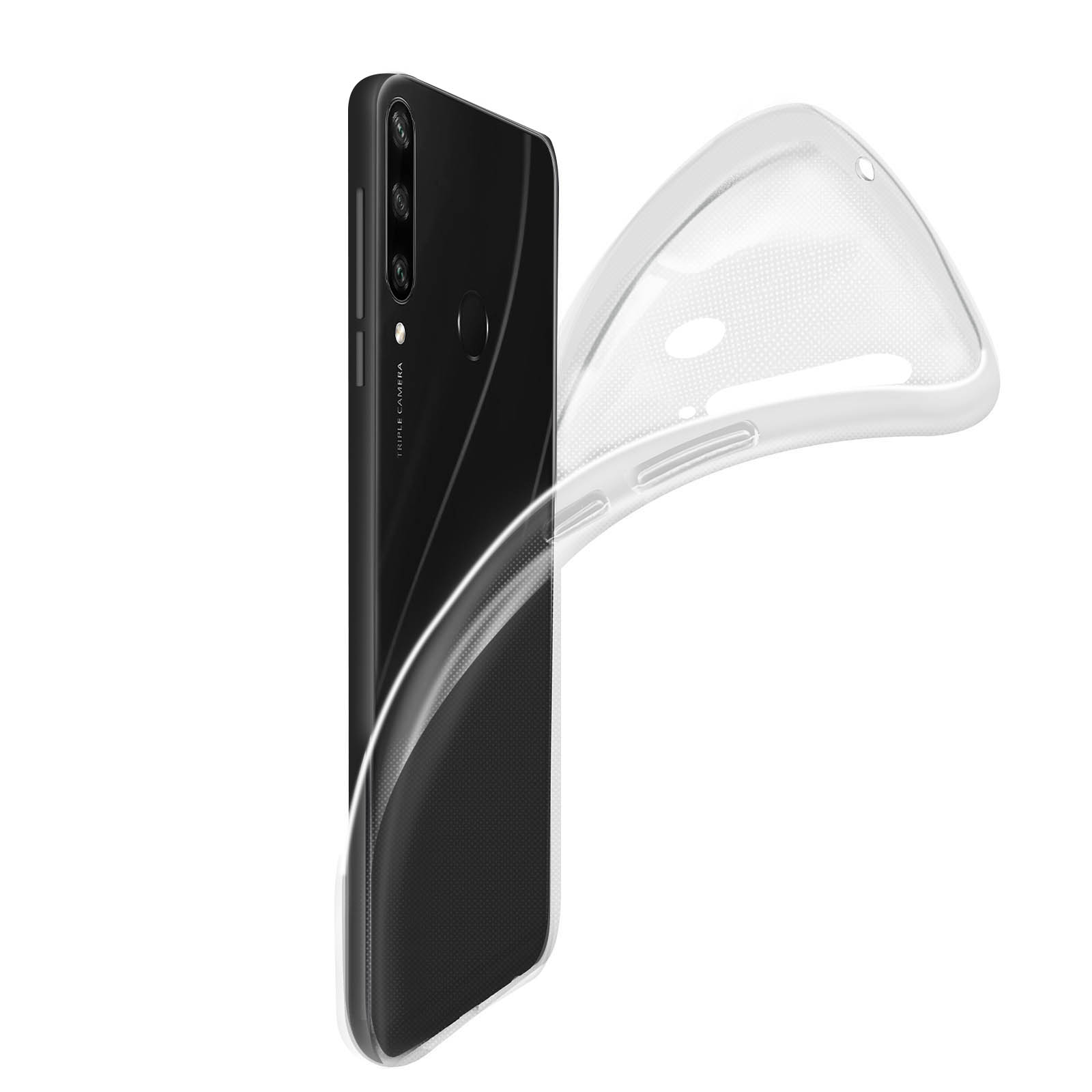 Ein Telefon mit einer transparenten Hülle auf weißem Hintergrund.