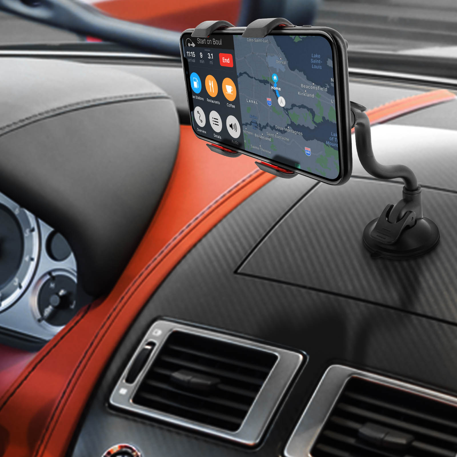 Telefono in un supporto per auto che mostra un'app di navigazione.