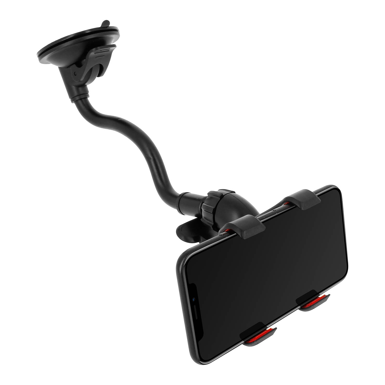 Telefono nero in un supporto per auto. Il supporto ha un braccio flessibile e una ventosa.