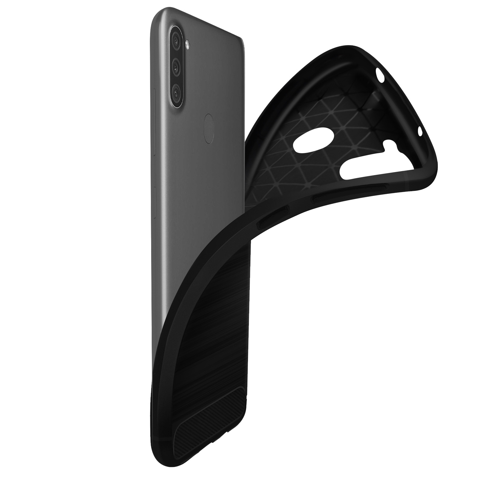 Custodia nera per telefono con telefono, vista posteriore, laterale.
