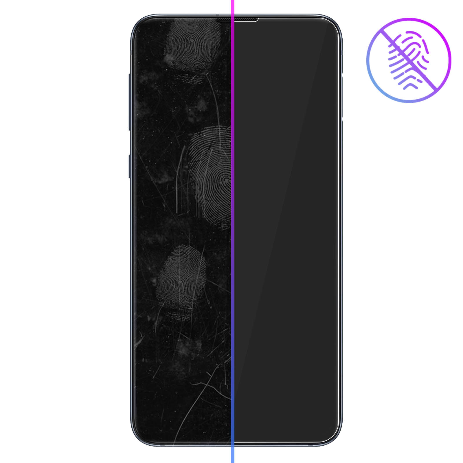 Schermo del telefono, metà pulito e metà coperto di impronte digitali. Icona senza impronte a destra.
