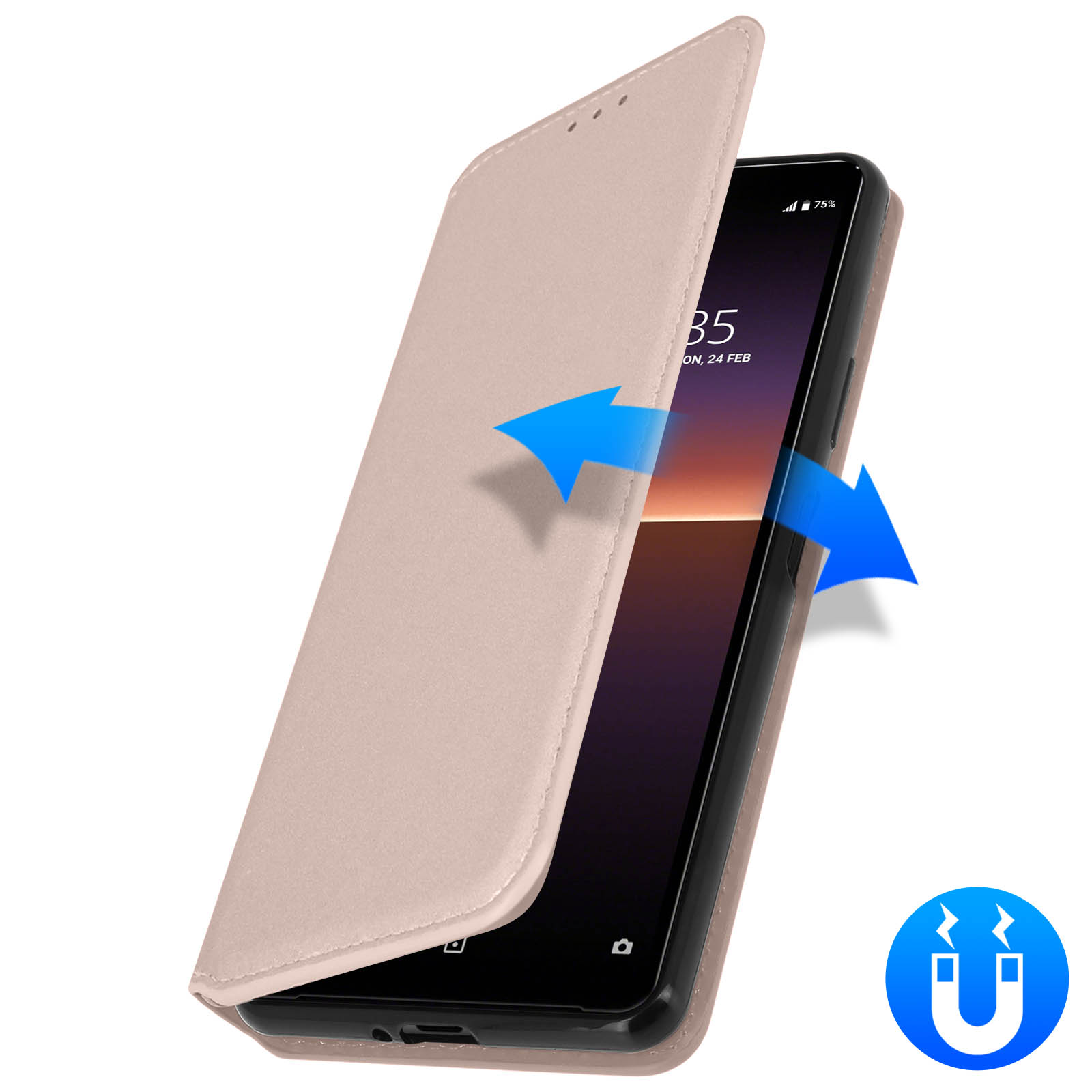 Custodia per telefono rosa chiaro aperta. Frecce indicano l'apertura. Schermo del telefono visibile. Icona magnete.