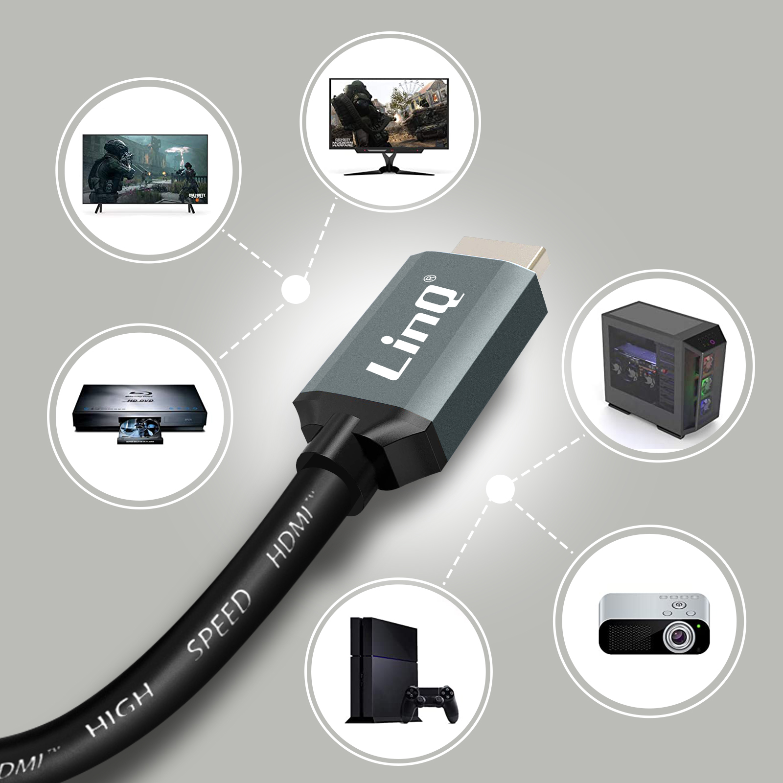 Cavo HDMI con dispositivi intorno. I dispositivi includono una TV, un proiettore, un lettore DVD, una console di gioco e un computer.