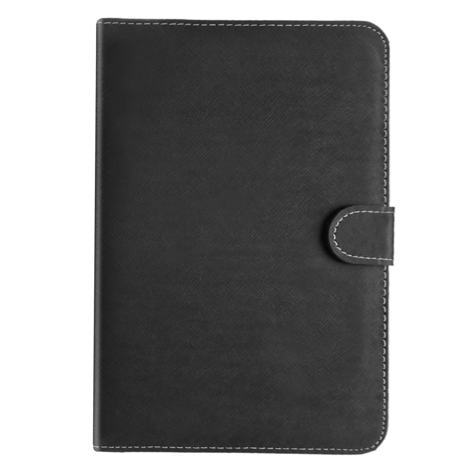 Una funda de teléfono negra cerrada con costuras blancas y un cierre. La funda está sobre una superficie blanca.