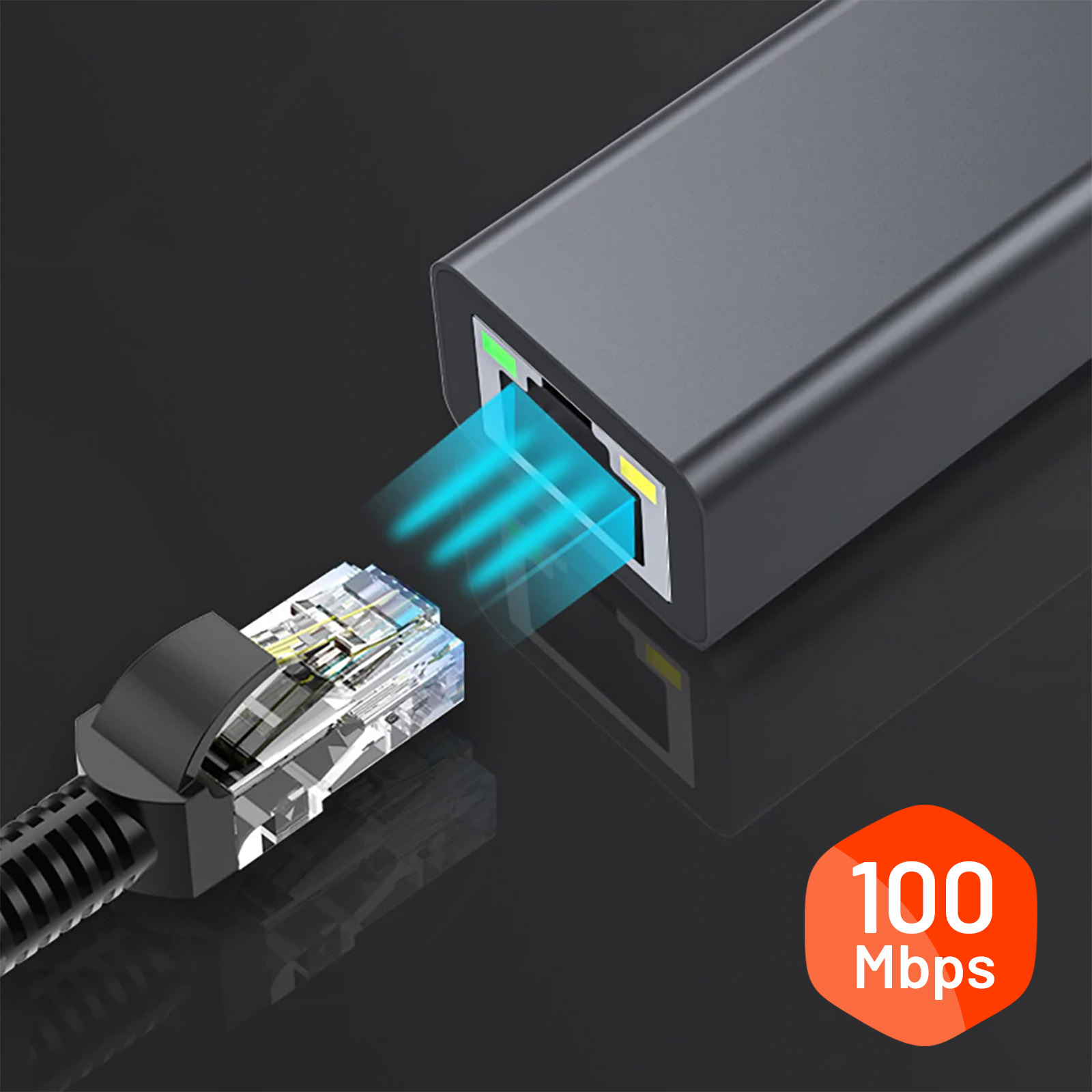 Cavo di rete con connettore, che emette luce blu. Il testo '100 Mbps' è nell'angolo.