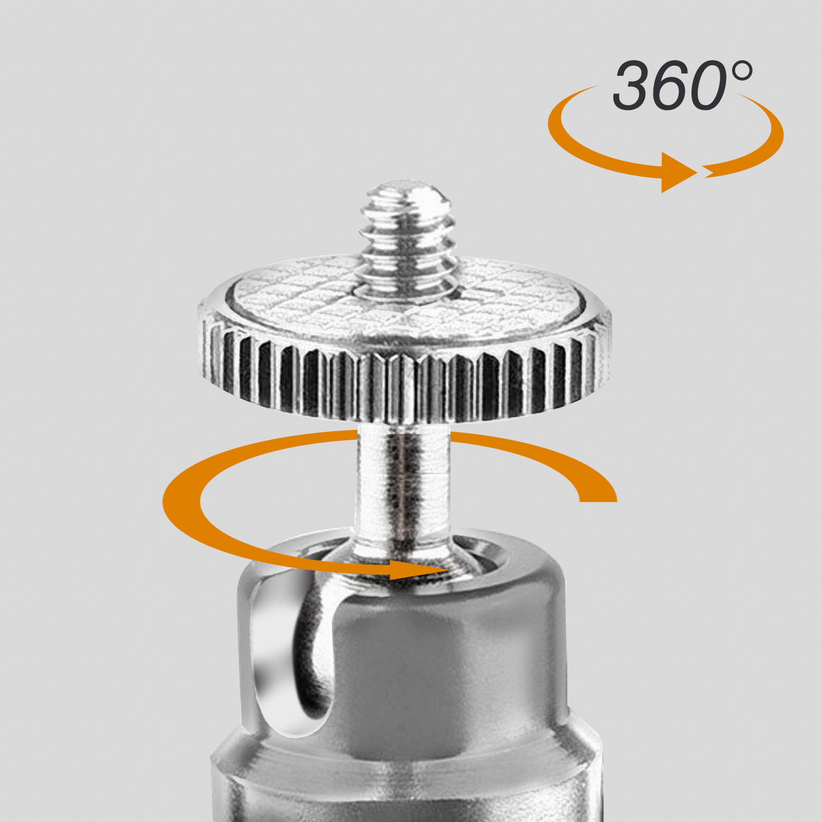 Primer plano de un tornillo metálico, con una flecha de 360 grados, sobre un fondo gris claro.