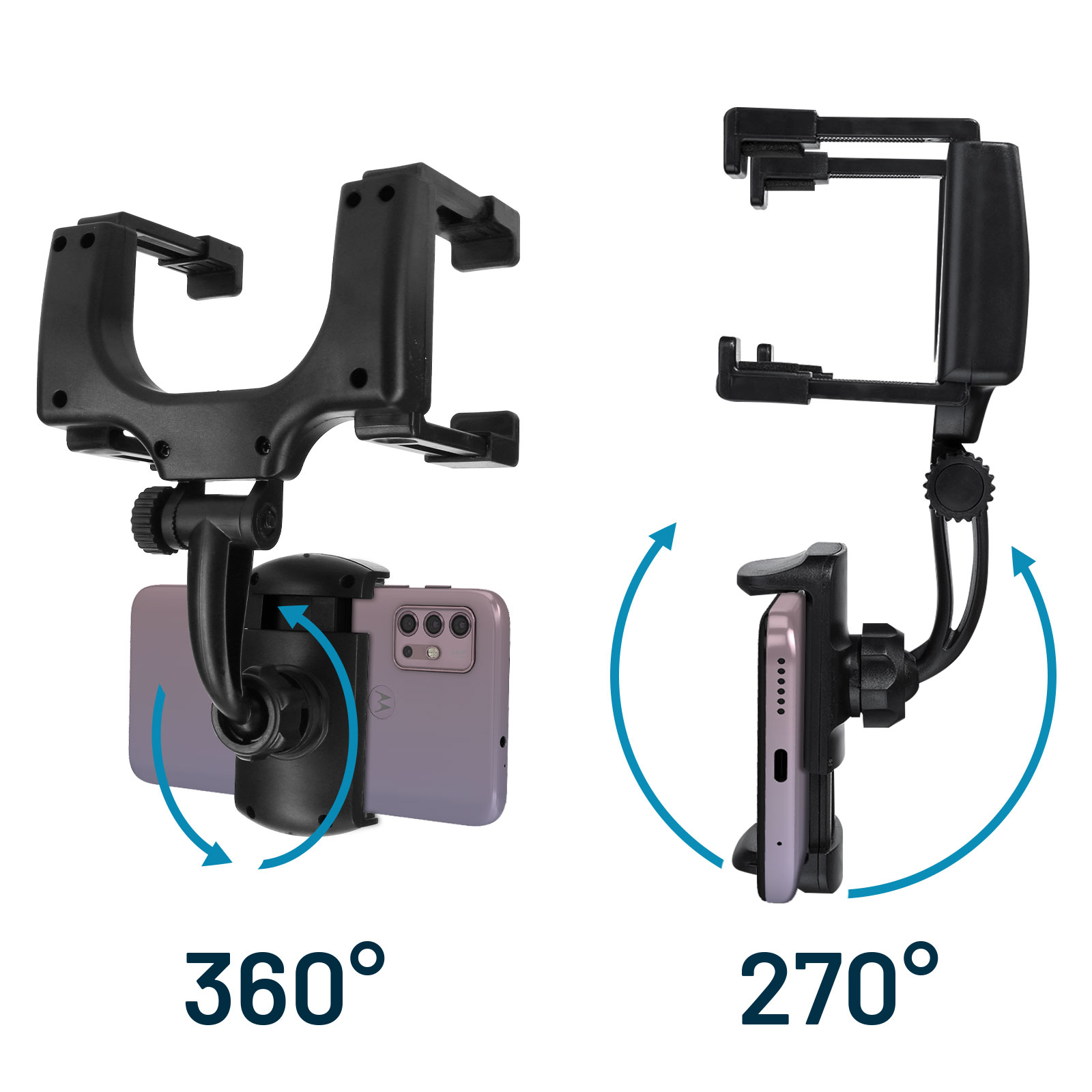Due supporti per telefono che mostrano una rotazione di 360 e 270 gradi.